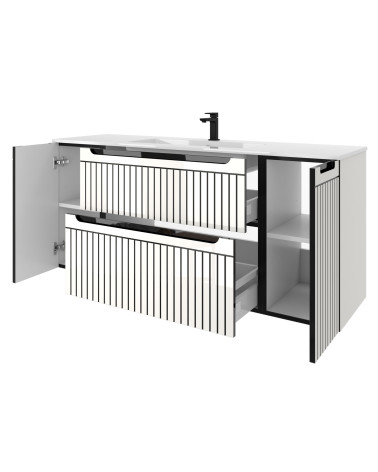 Modułowa szafka łazienkowa 140cm lakierowana Biały Połysk z czarnymi akcentami