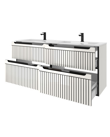 Szafka łazienkowa 140cm z podwójną umywalką-  lakierowana Biały Połysk z czarnymi akcentami