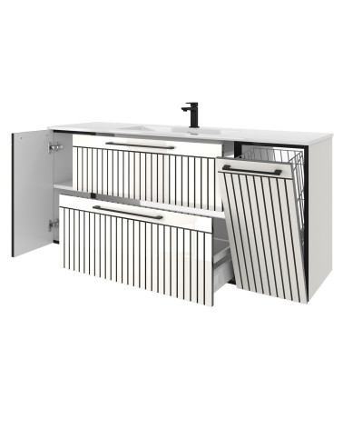 Szafka łazienkowa 140cm z koszem po prawej - lakierowana Biały Połysk z czarnymi akcentami