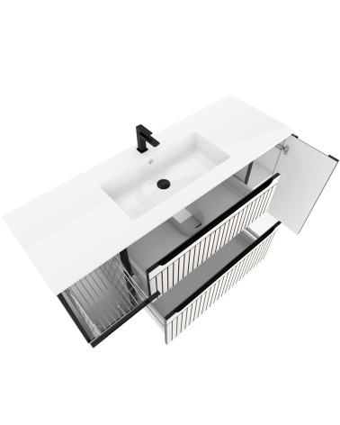 Szafka łazienkowa 140cm z koszem po lewej - lakierowana Biały Połysk z czarnymi akcentami