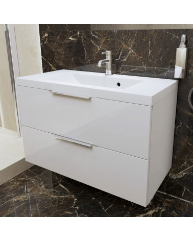 Lakierowana szafka łazienkowa biała z umywalką i uchwytem LIND - 80cm szerokości